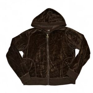 Y2k Central Park brown velvet Velour zip up hoodie with gold dog zipper pull 🔹